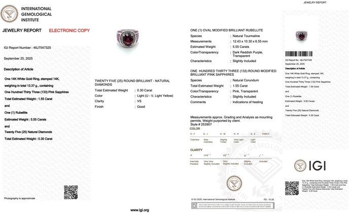 Captivating 7.40ct Rubellite, Sapphires and Diamonds Cocktail Ring in 14k White Gold - IGI Certified