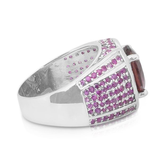 Captivating 7.40ct Rubellite, Sapphires and Diamonds Cocktail Ring in 14k White Gold - IGI Certified