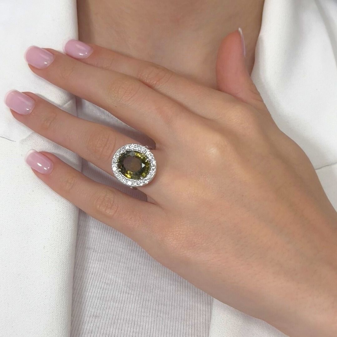 Captivating 8.23ct Chrysoberyl and Diamonds Cluster Ring in 14k White Gold - GIA Certified