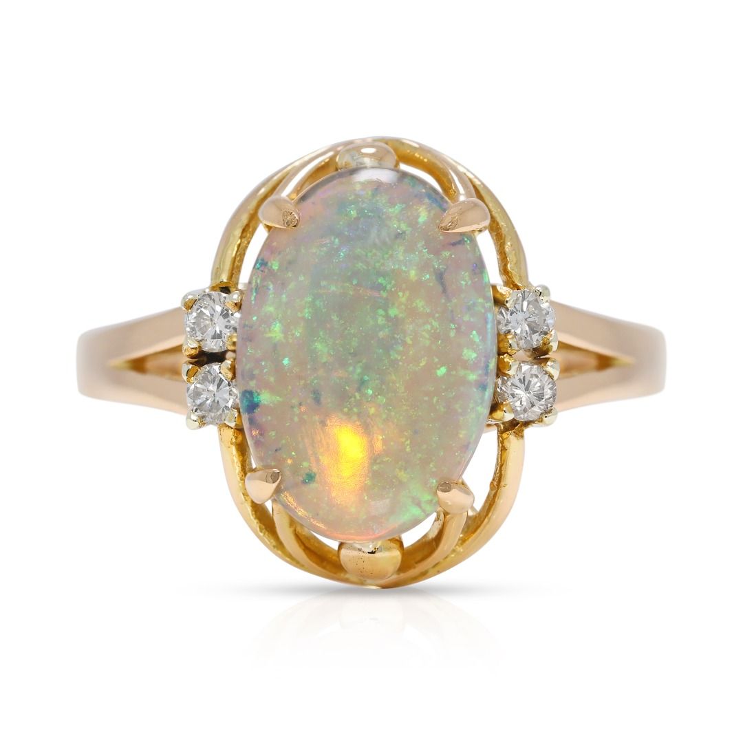 Captivating Blue Opal & 0.06ct Natural Diamond Ring in 20K Yellow Gold