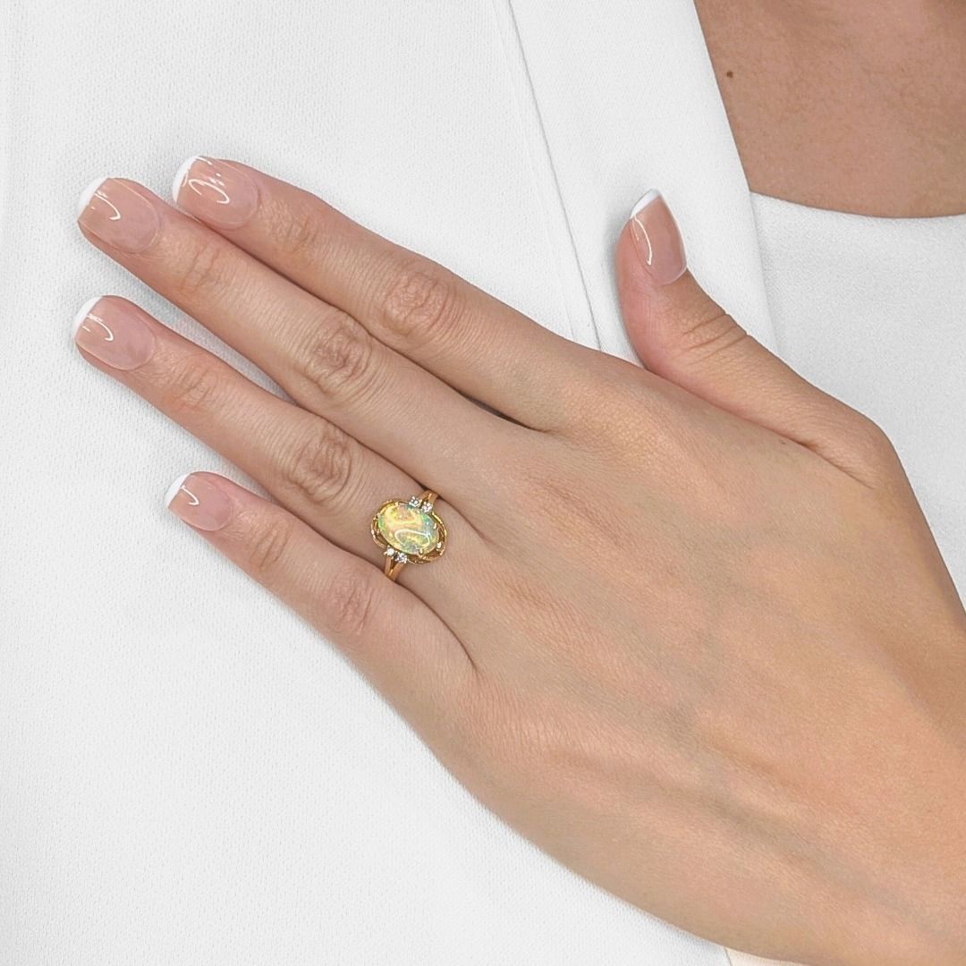 Captivating Blue Opal & 0.06ct Natural Diamond Ring in 20K Yellow Gold