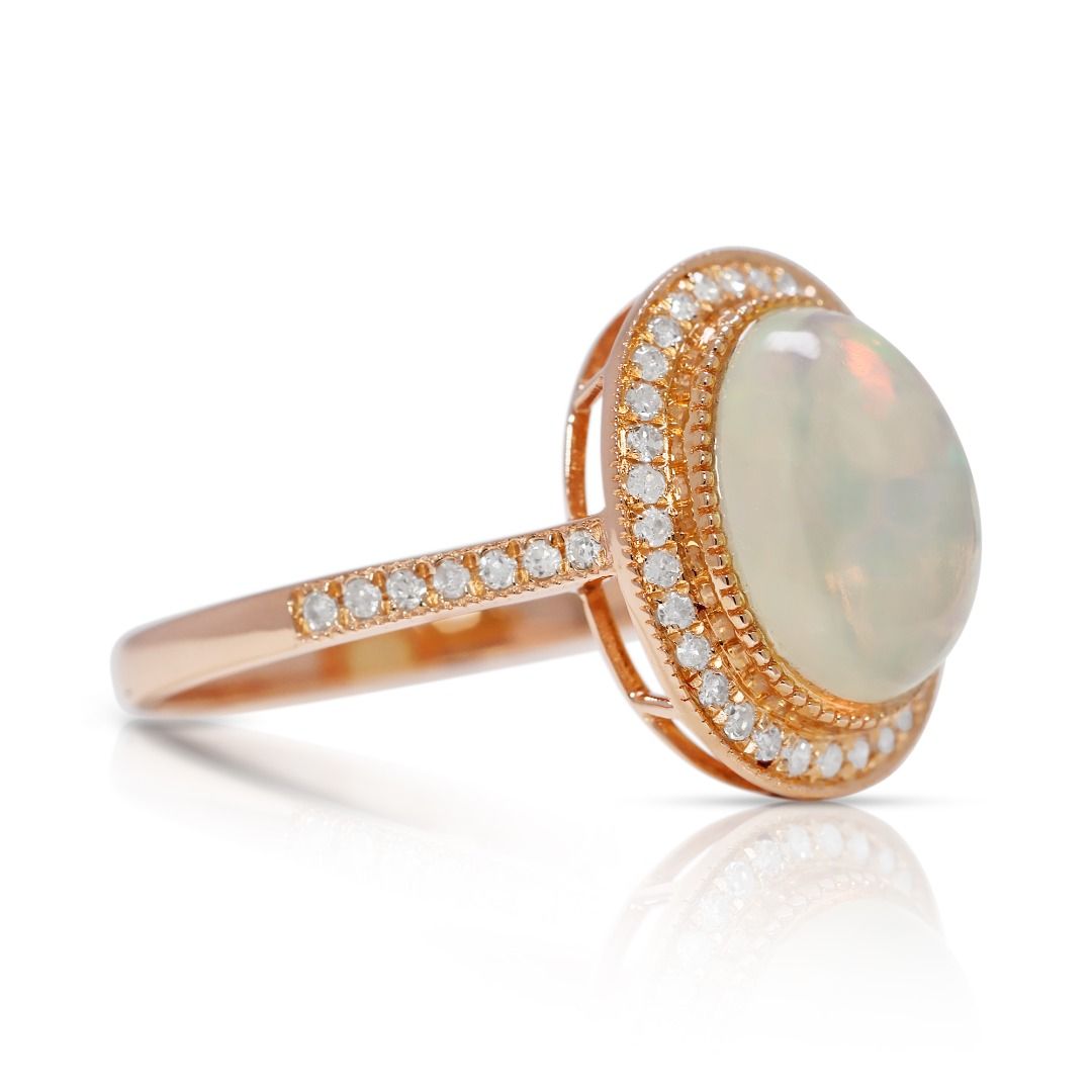 Charming 0.24ct Natural Diamond Accented Opal Ring in 18K Rose Gold