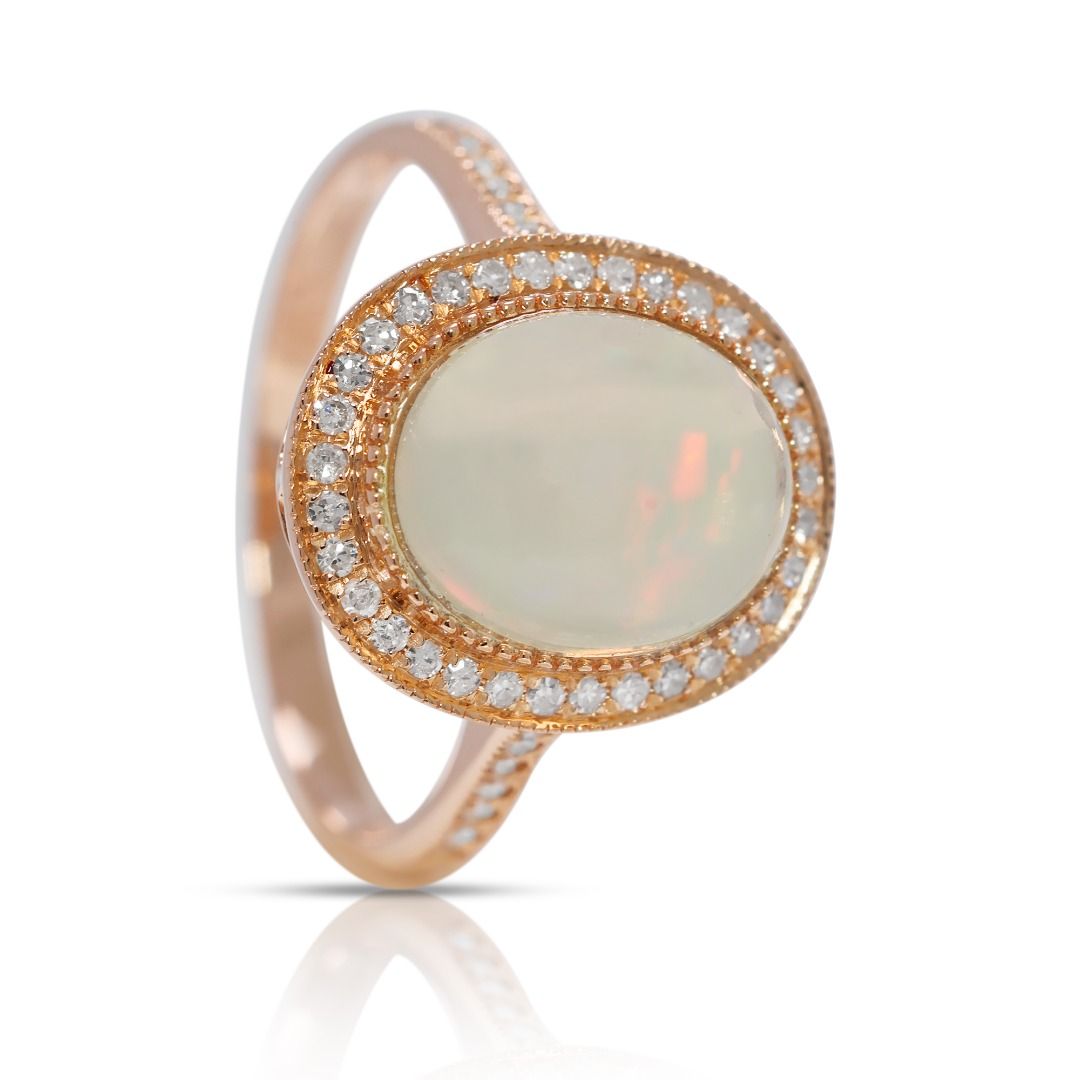Charming 0.24ct Natural Diamond Accented Opal Ring in 18K Rose Gold