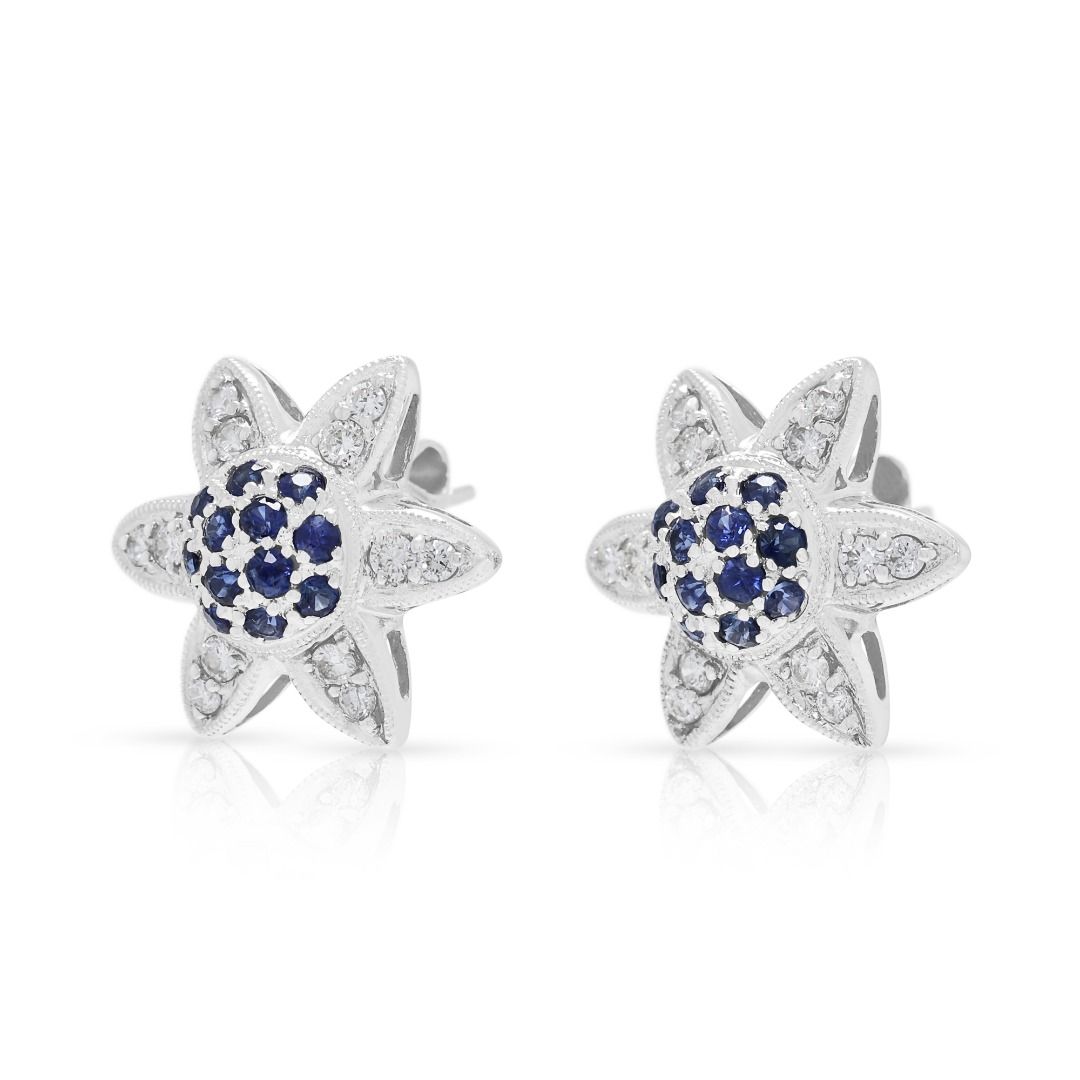 Bezaubernde 0,85ct Saphir & Naturdiamant Blumenohrstecker 18K Weißgold