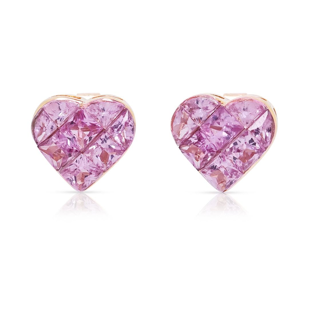 Charming 1.36ct Pink Sapphire Heart Cluster Stud Earrings in 18K Rose Gold (New)