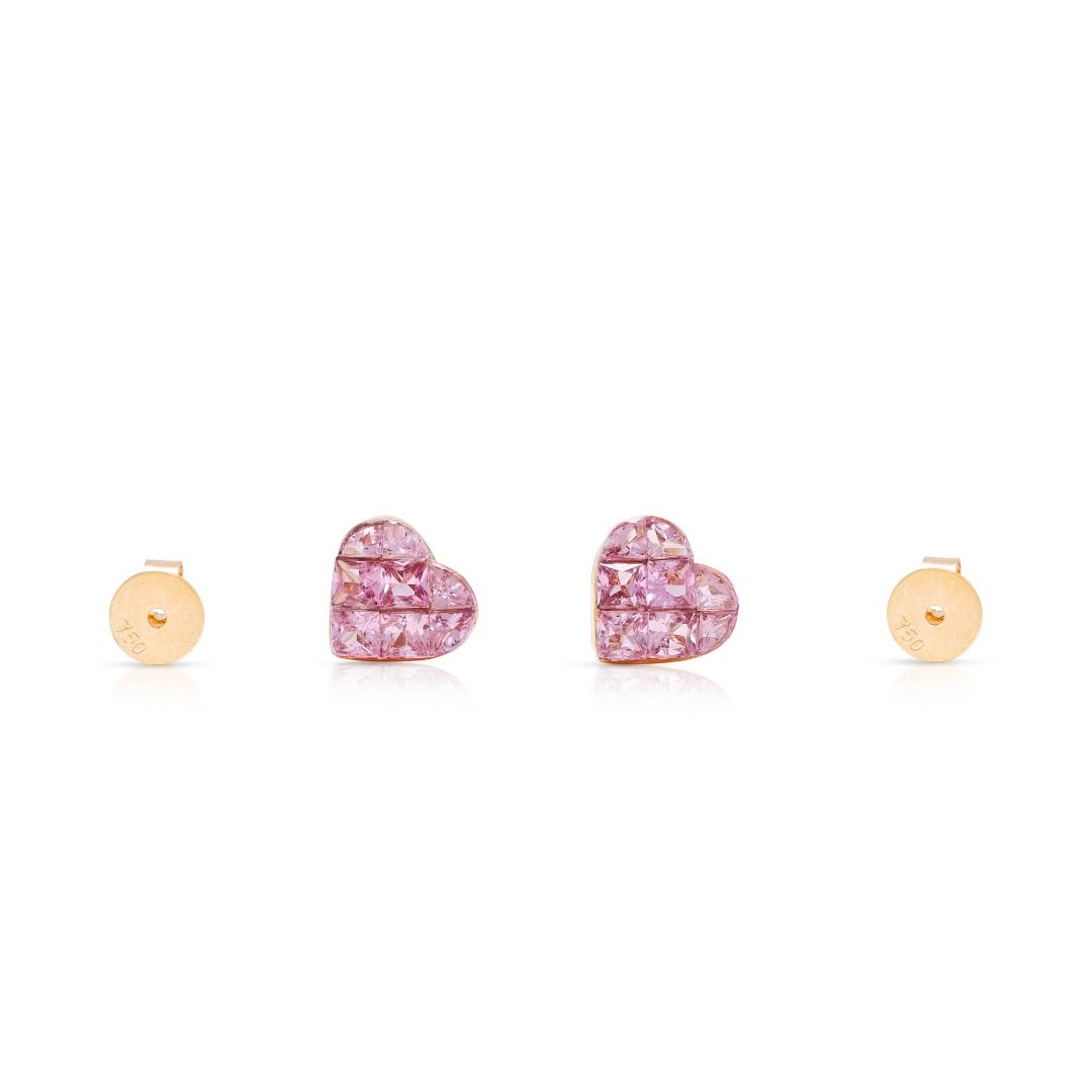 Charming 1.36ct Pink Sapphire Heart Cluster Stud Earrings in 18K Rose Gold (New)