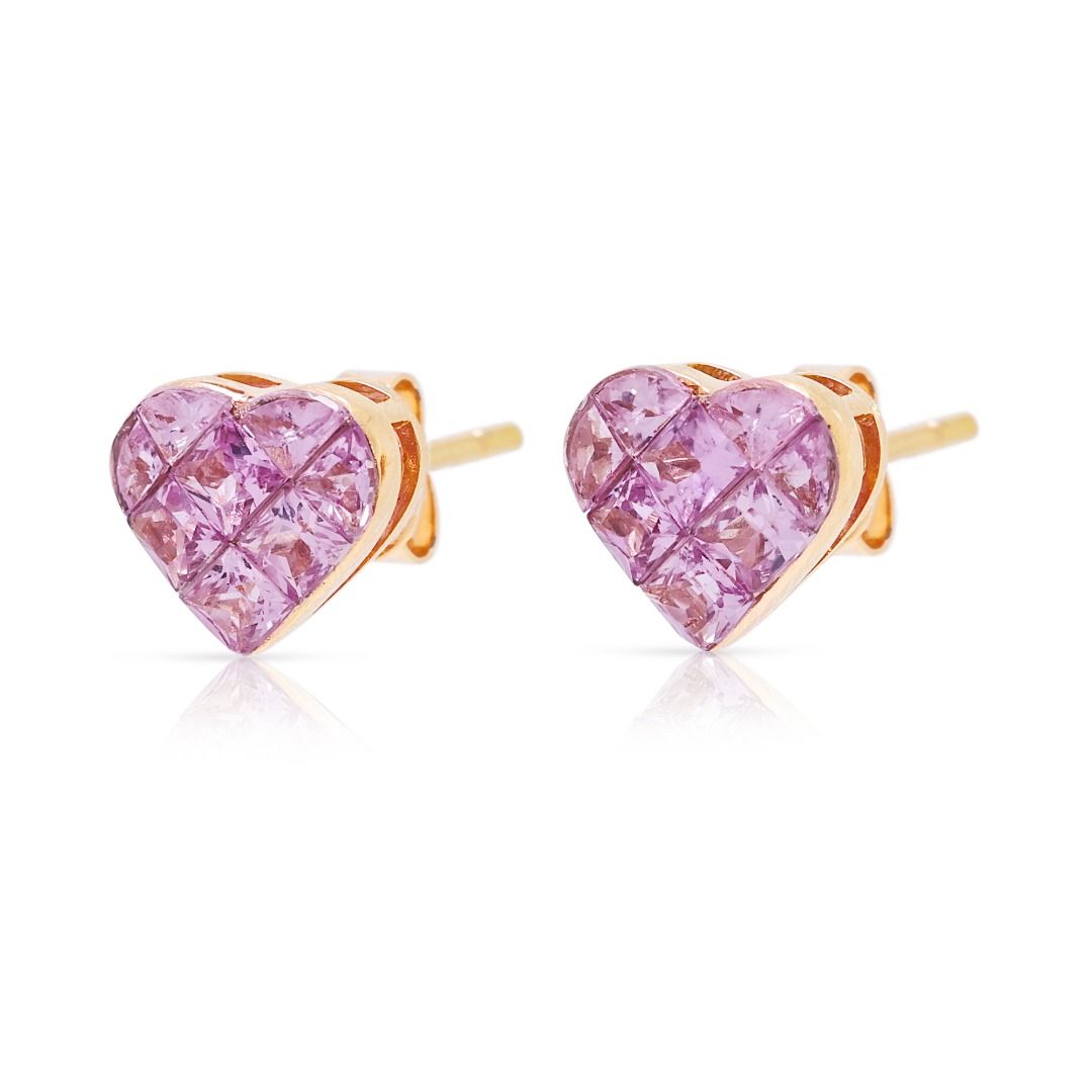 Charming 1.36ct Pink Sapphire Heart Cluster Stud Earrings in 18K Rose Gold (New)