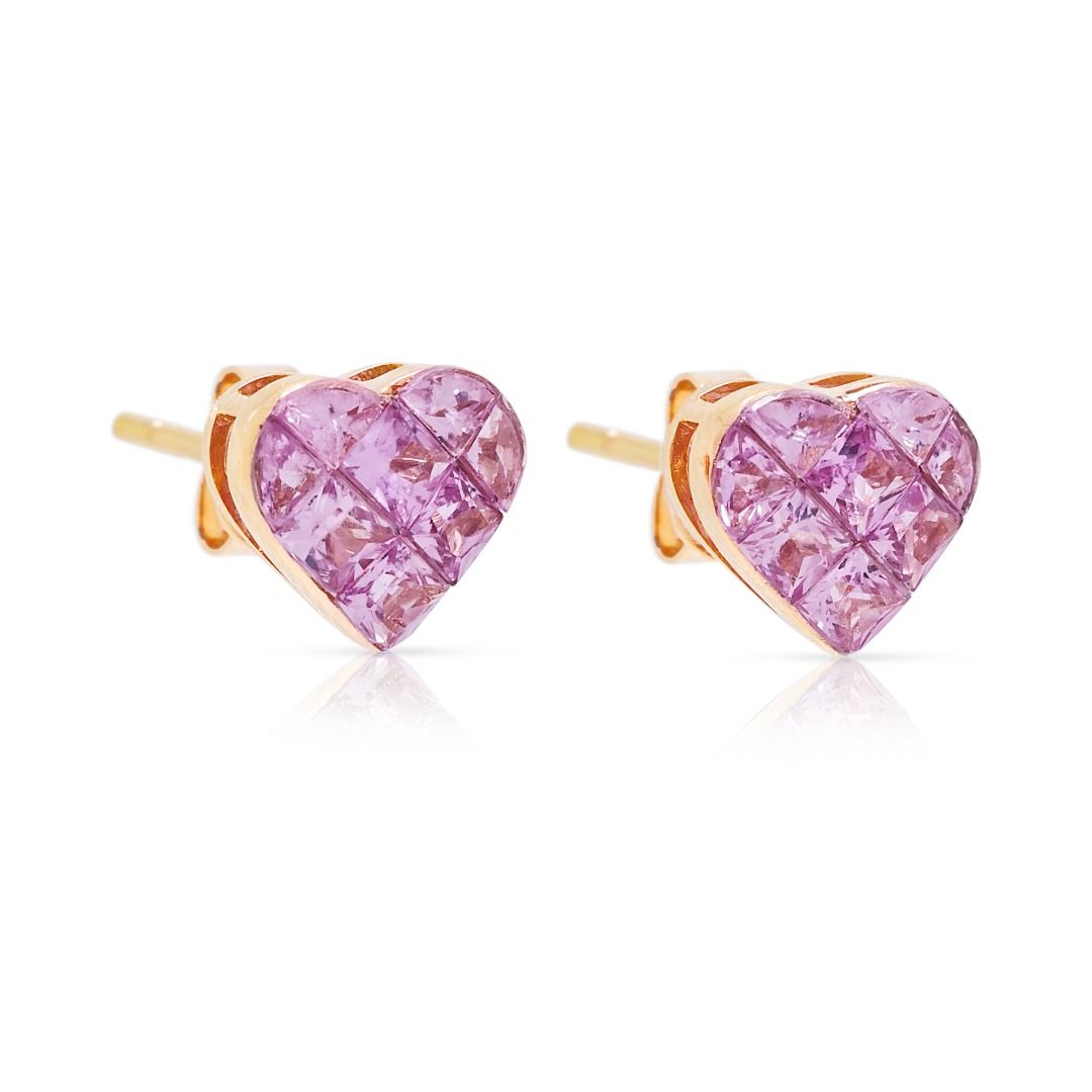 Charming 1.36ct Pink Sapphire Heart Cluster Stud Earrings in 18K Rose Gold (New)