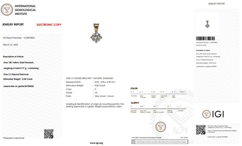 Classic 0.50ct Round Brilliant Solitaire Diamond Pendant - IGI Certificate