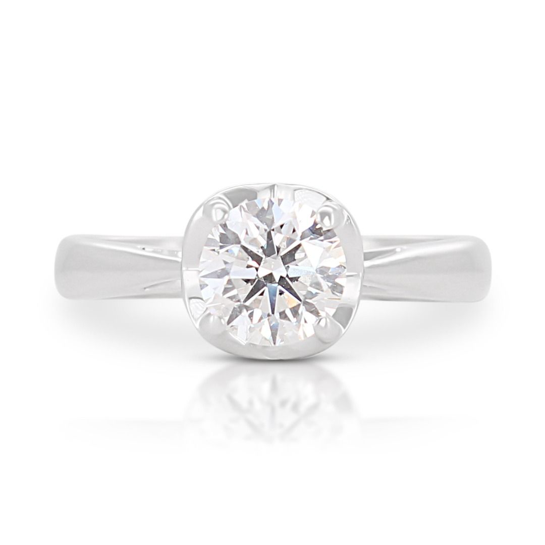 Classic 0.90ct Round Brilliant Natural Diamond Solitaire Ring in 18K White Gold