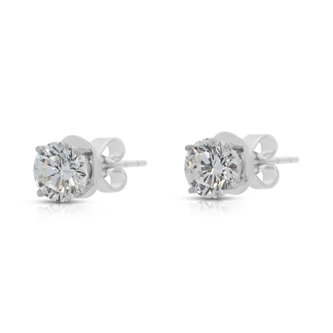Classic 1.10ct Natural Diamond Round Brilliant Solitaire Stud Earrings in 18K White Gold