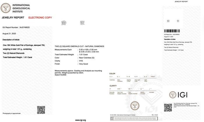 Classic 1.61ct Diamonds Stud Earrings in 18k White Gold - IGI Certified