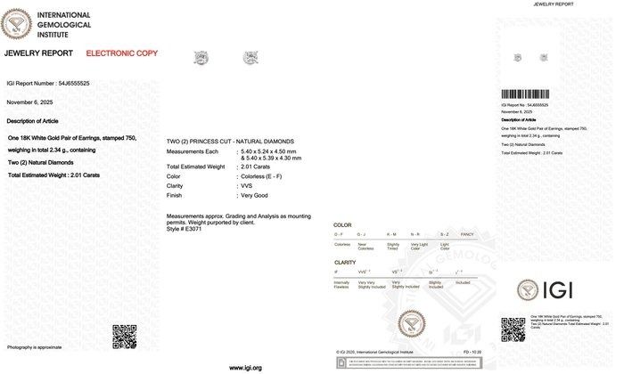 Classic 2.01ct Diamonds Stud Earrings in 18k White Gold - IGI Certified