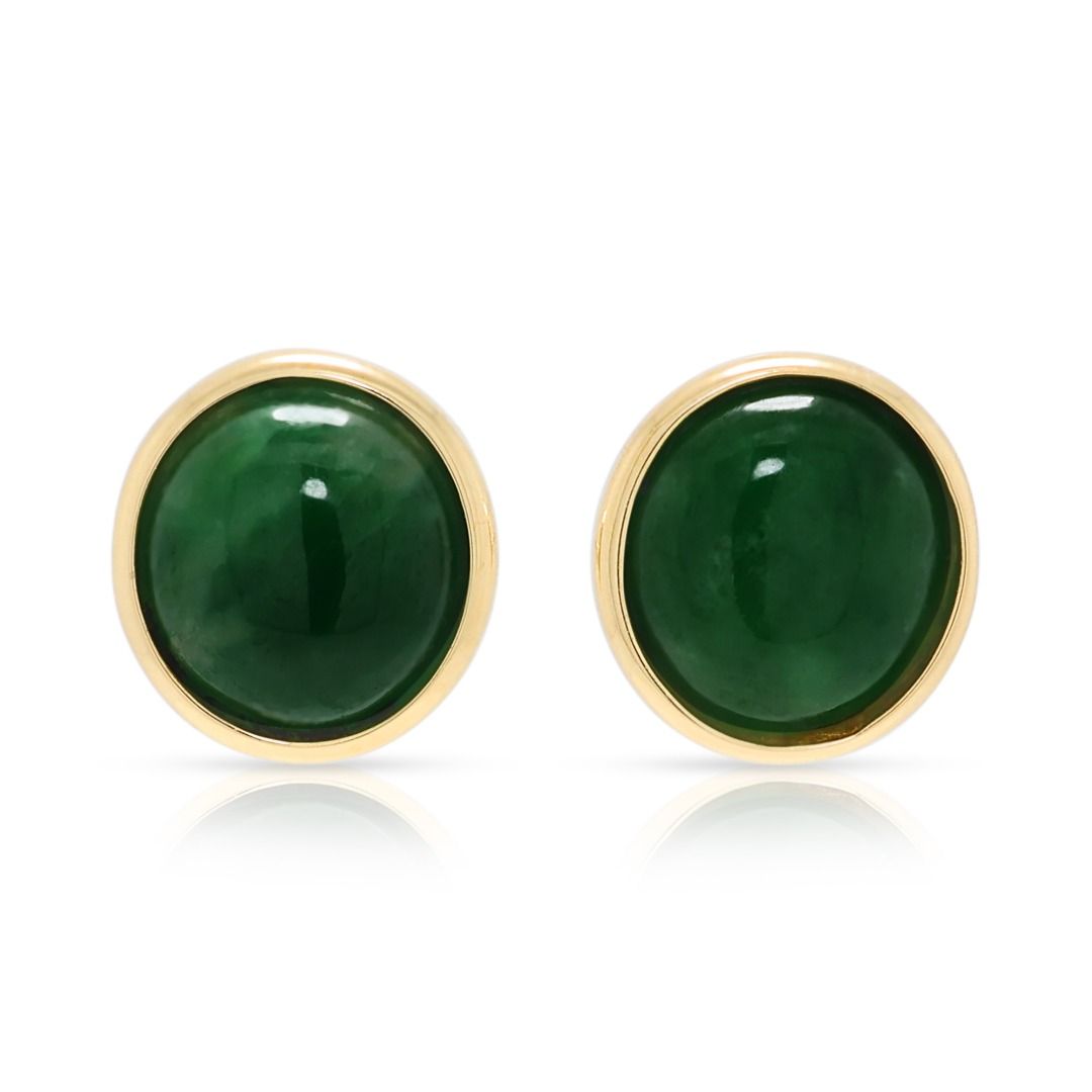 Classic 7mm Green Jade Cabochon Stud Earrings in 18K Yellow Gold