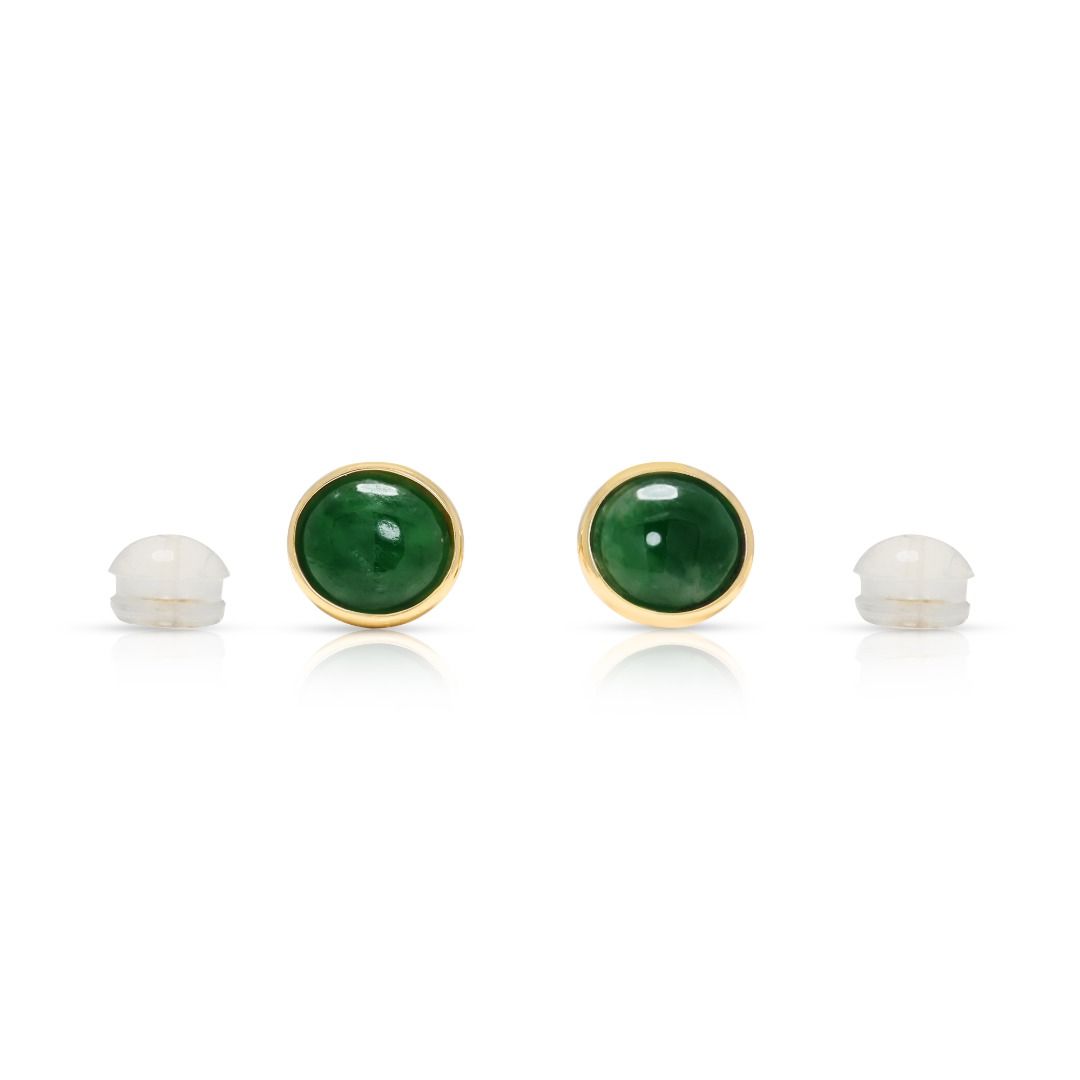 Classic 7mm Green Jade Cabochon Stud Earrings in 18K Yellow Gold