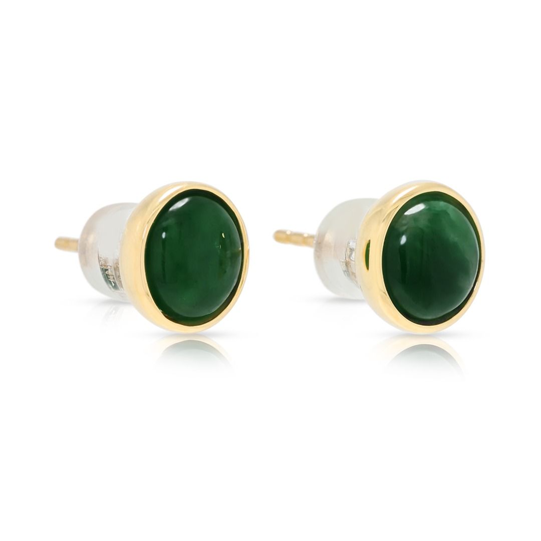 Classic 7mm Green Jade Cabochon Stud Earrings in 18K Yellow Gold
