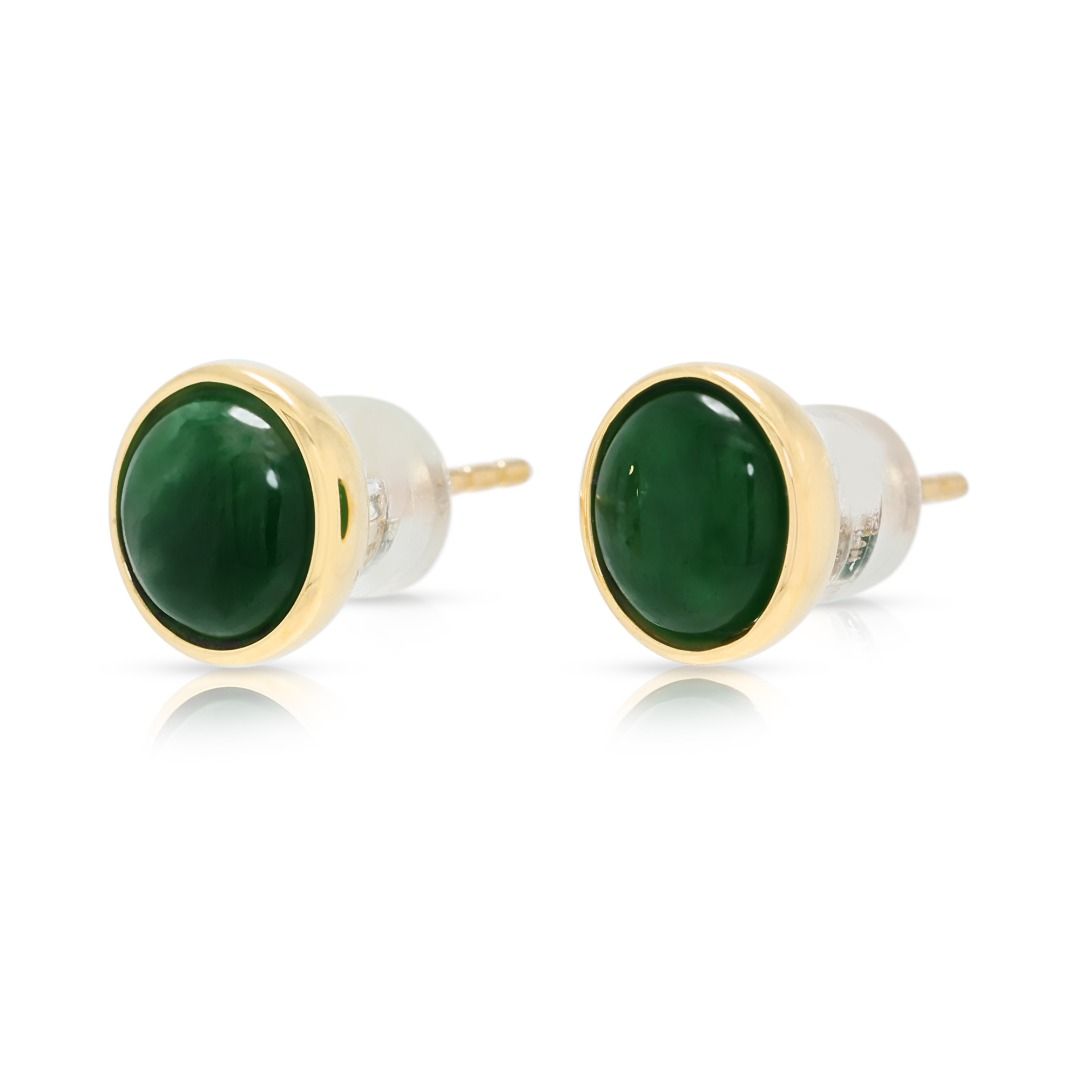 Classic 7mm Green Jade Cabochon Stud Earrings in 18K Yellow Gold
