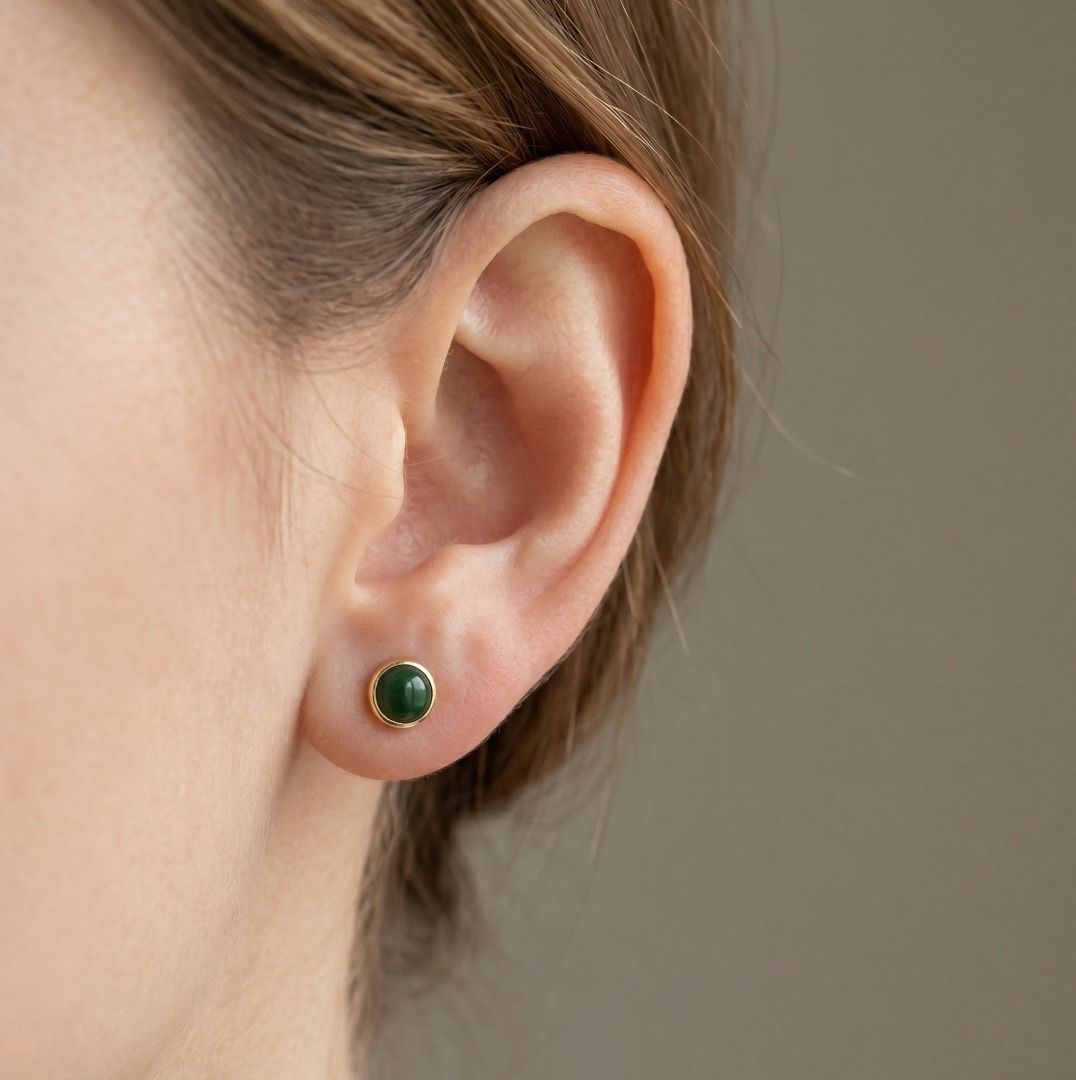 Classic 7mm Green Jade Cabochon Stud Earrings in 18K Yellow Gold
