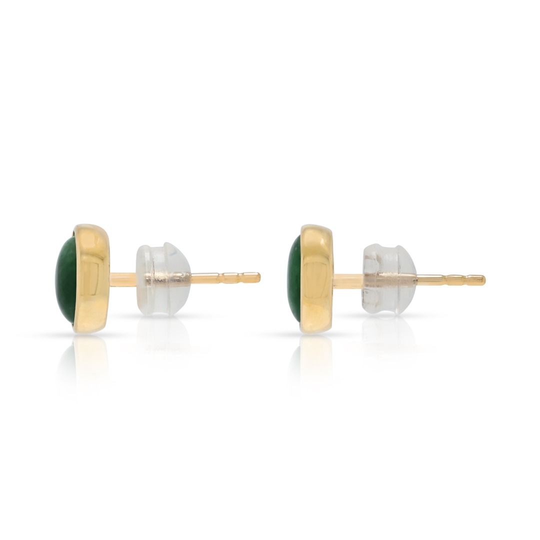 Classic 7mm Green Jade Cabochon Stud Earrings in 18K Yellow Gold