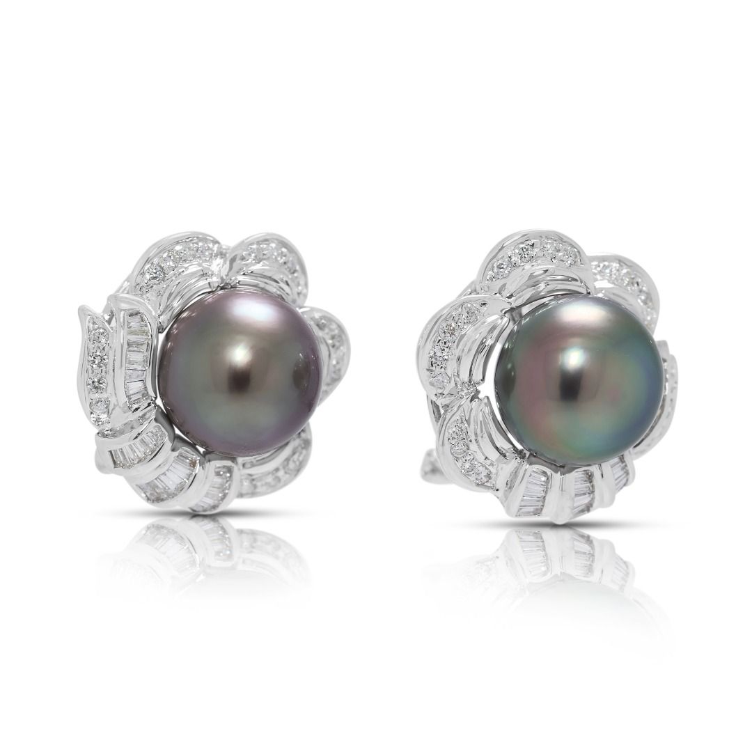 Classic Tahitian Pearl & 0.43ct Natural Diamond Earrings in 18K White Gold (New)