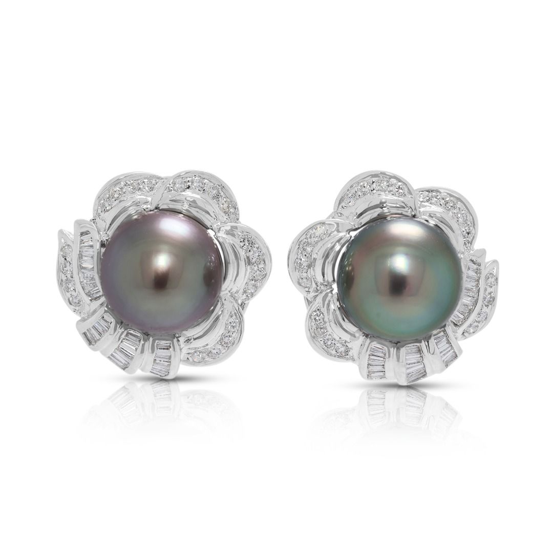 Classic Tahitian Pearl & 0.43ct Natural Diamond Earrings in 18K White Gold (New)