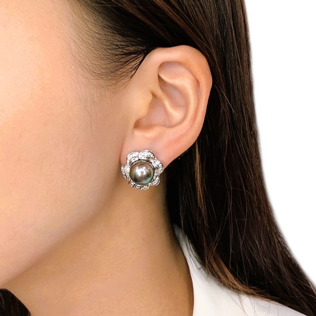 Classic Tahitian Pearl & 0.43ct Natural Diamond Earrings in 18K White Gold (New)