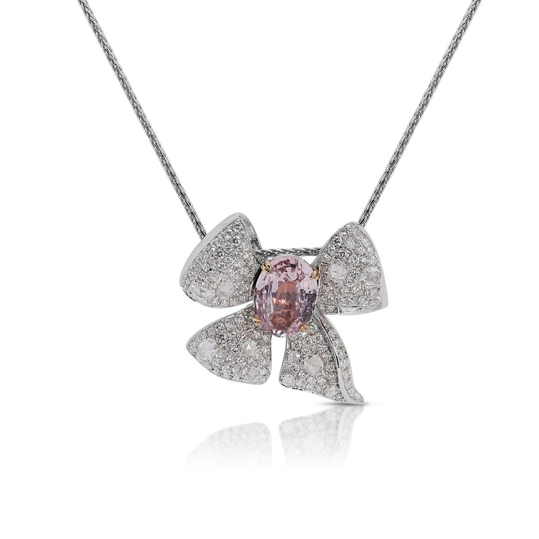 Convertible 8 carats Padparadscha and Natural Diamond Ring/Pendant in 18K White Gold with TGL