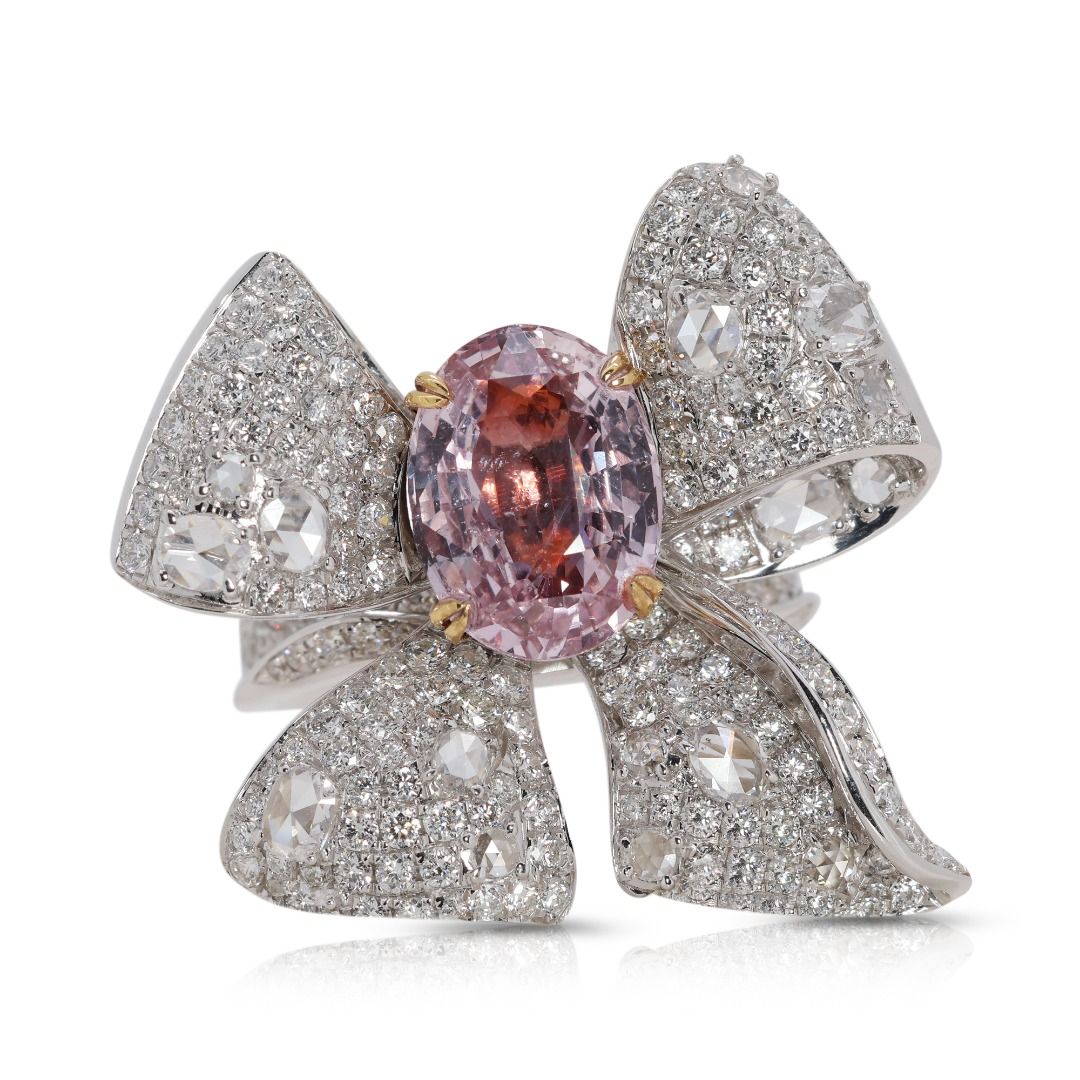 Convertible 8 carats Padparadscha and Natural Diamond Ring/Pendant in 18K White Gold with TGL