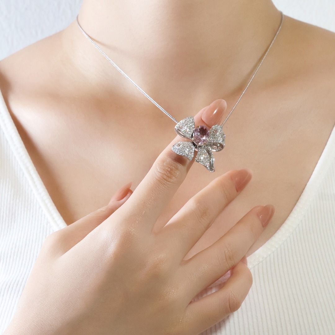 Convertible 8 carats Padparadscha and Natural Diamond Ring/Pendant in 18K White Gold with TGL