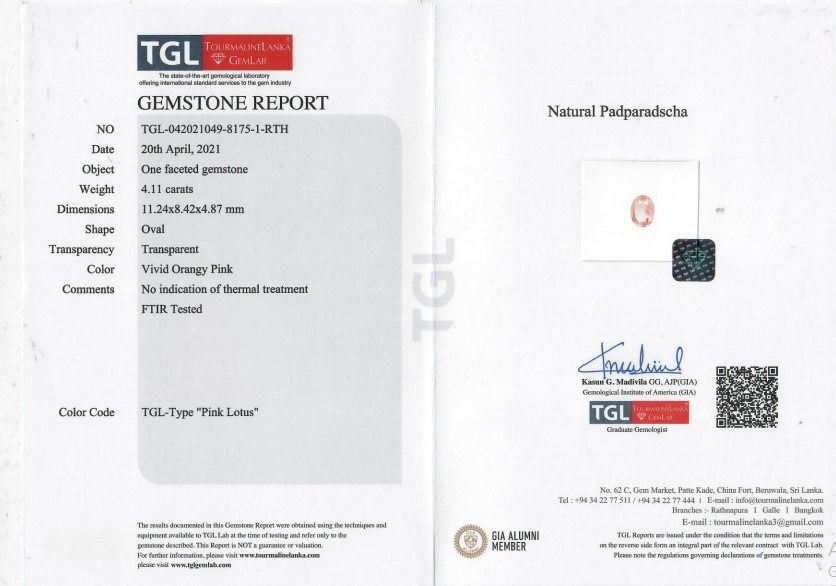 Convertible 8 carats Padparadscha and Natural Diamond Ring/Pendant in 18K White Gold with TGL