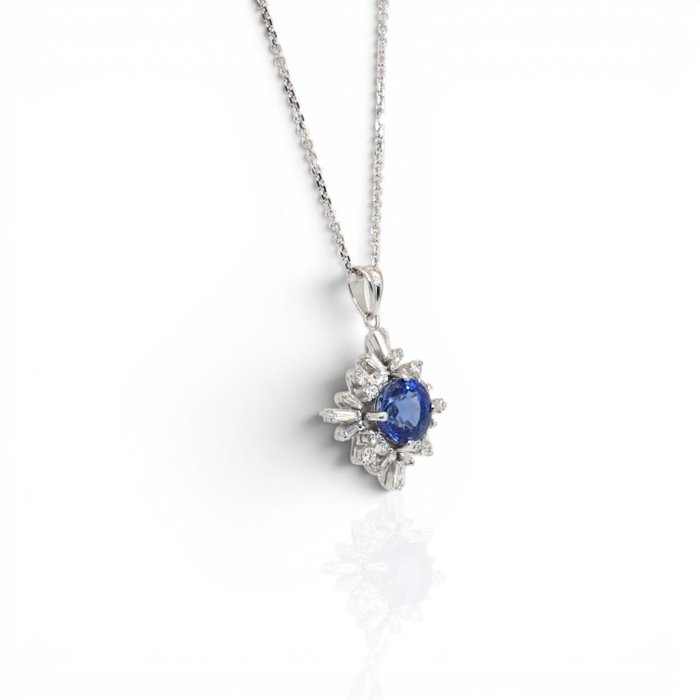 1.50 Carat IGI Certified Sapphire and Diamonds 14K White Gold Necklace