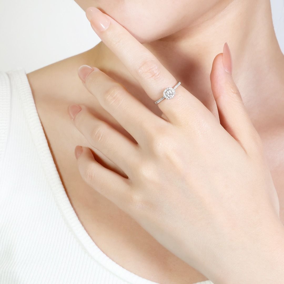 Dazzling 0.17ct Diamond Halo Ring with Side Diamonds in 14k White Gold