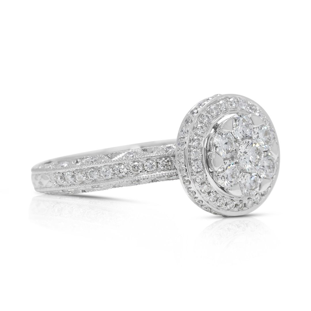 Dazzling 1.01ct Natural Diamond 18K White Gold Halo Pave Ring