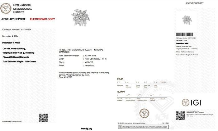 Dazzling 10.80ct Diamonds Cocktail Ring in 18k White Gold - IGI Certified