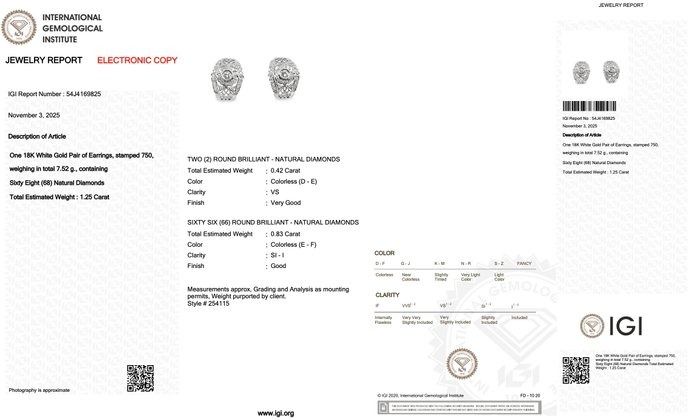 Dazzling 1.25ct Diamonds Earrings in 18k White Gold - IGI Certified