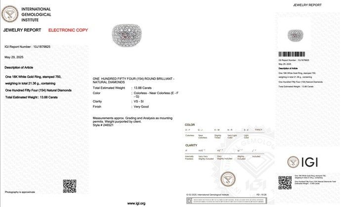 Dazzling 13.88ct Diamonds Cocktail Ring in 18k White Gold - IGI Certified