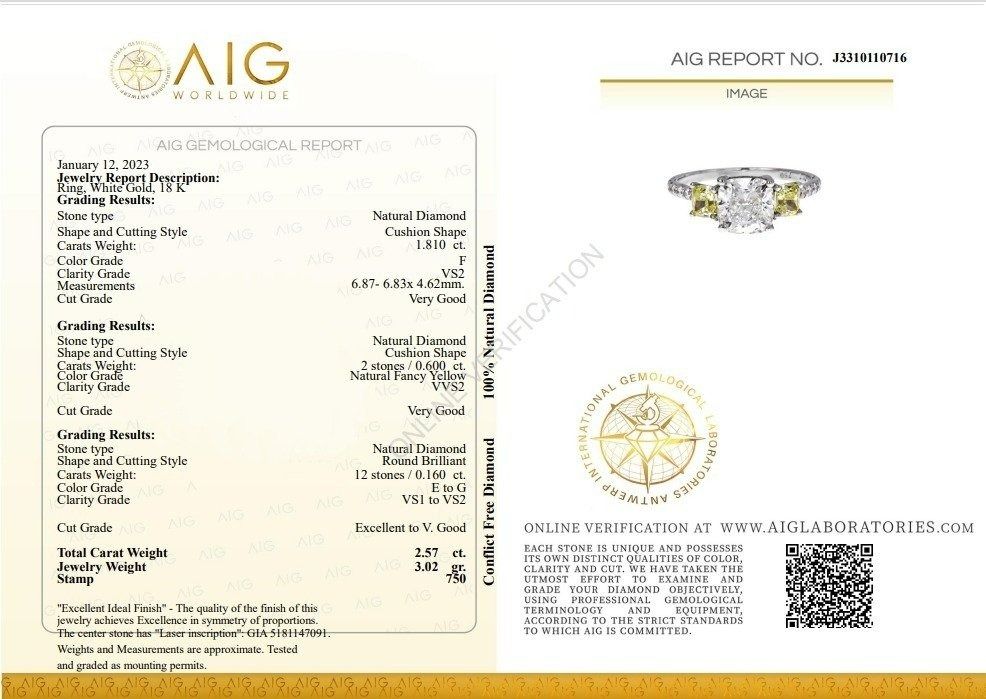 Stunning 1.81 ct. Cushion Cut Natural Diamonds Ring in 18K White Gold - AIG & GIA Certificate