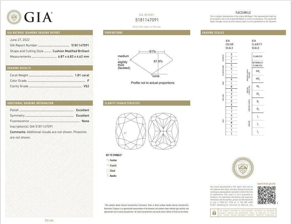 Stunning 1.81 ct. Cushion Cut Natural Diamonds Ring in 18K White Gold - AIG & GIA Certificate