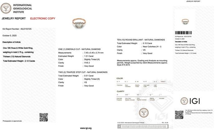 Dazzling 2.12ct Diamonds 3-Stone Ring in 18k Rose & White Gold - IGI Certified