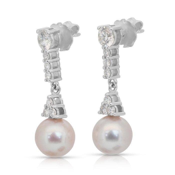 Dazzling 24.87ct Fresh Water Cultured Pearls and Diamonds Drop Earrings in 18k White Gold - IGI Certified