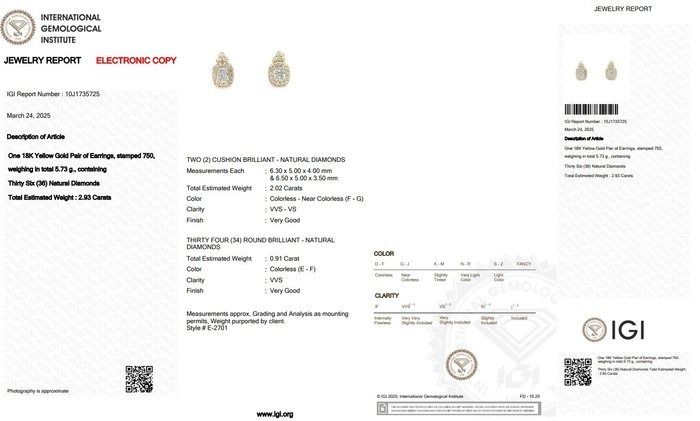 Dazzling 2.93ct Diamonds Earrings in 18k Yellow Gold - IGI Certified