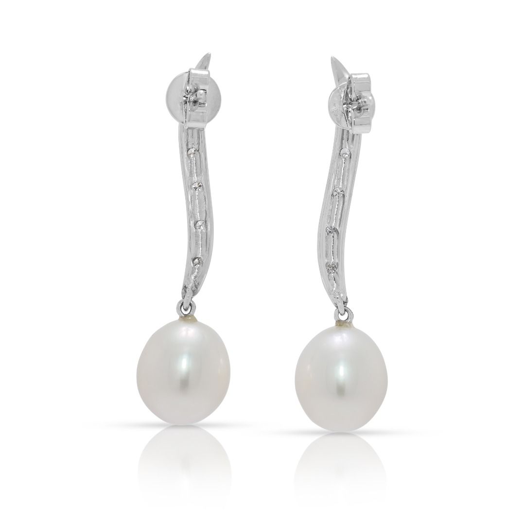 Delicate 0.12ct Diamond & South Sea Pearl Earrings in 18K White Gold