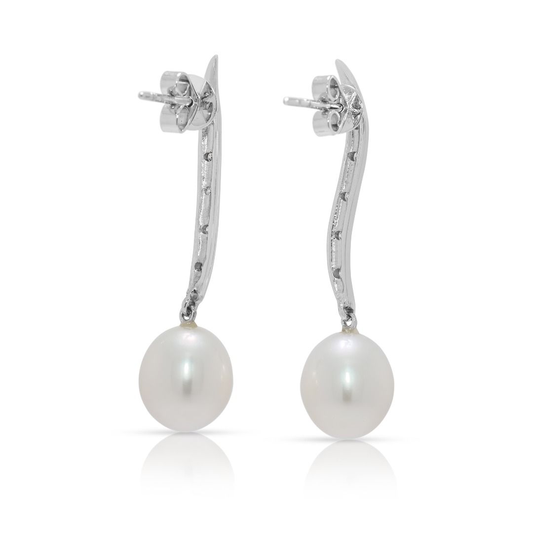 Delicate 0.12ct Diamond & South Sea Pearl Earrings in 18K White Gold