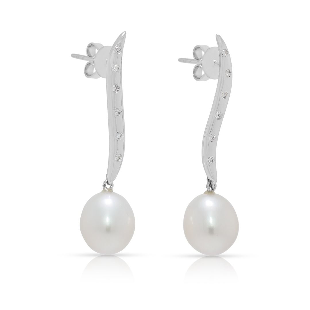 Delicate 0.12ct Diamond & South Sea Pearl Earrings in 18K White Gold