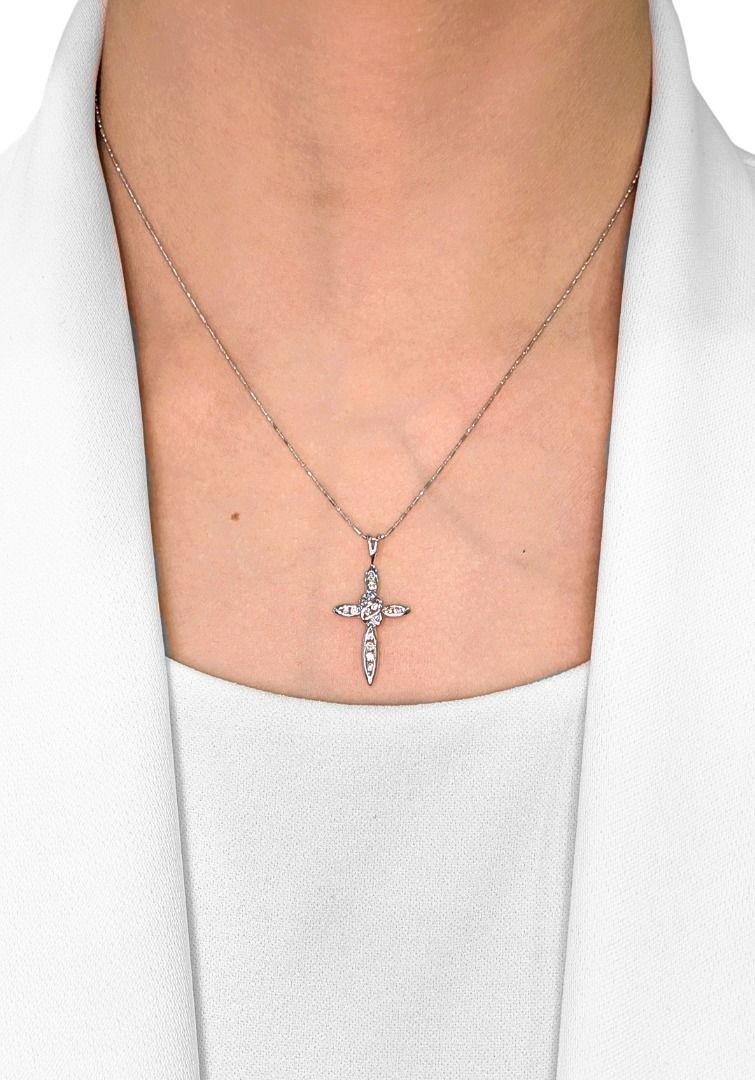 Delicate 0.20ct Natural Diamond Scalloped Cross Pendant in 18k White Gold
