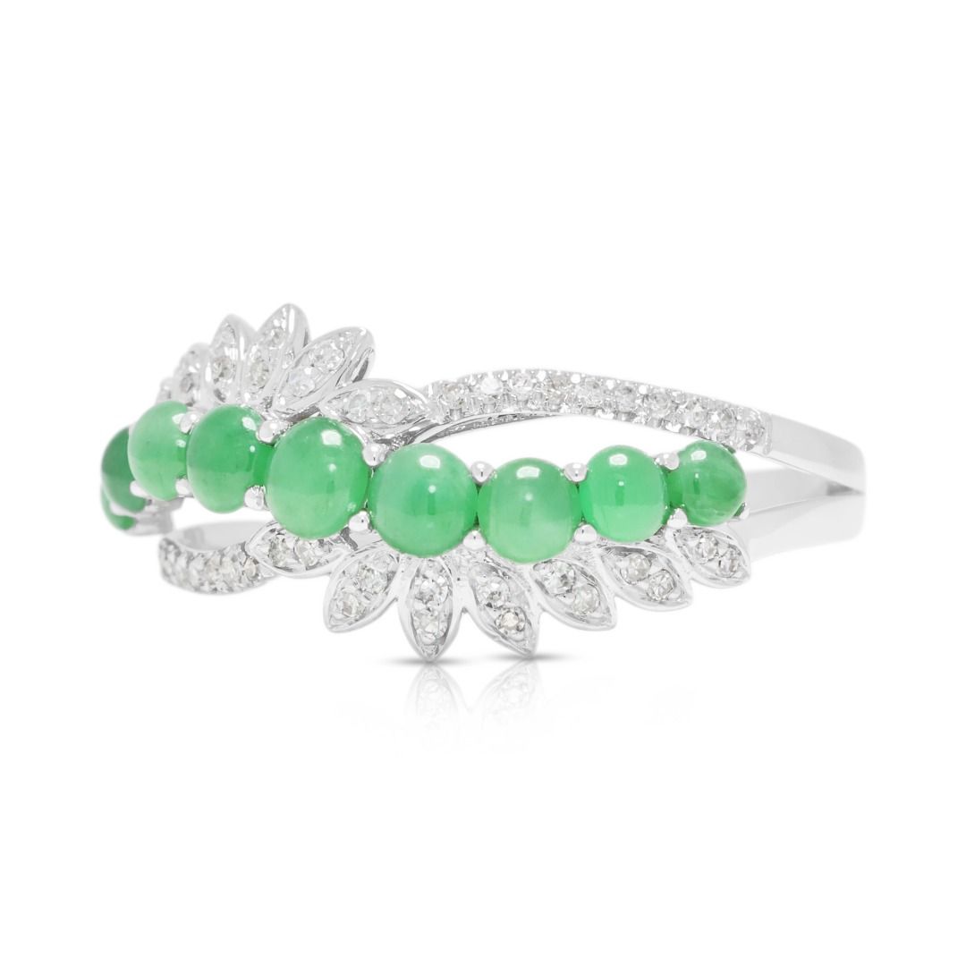 Delicate 0.24ct Diamond & Jade Cabochon Ring in 18K White Gold