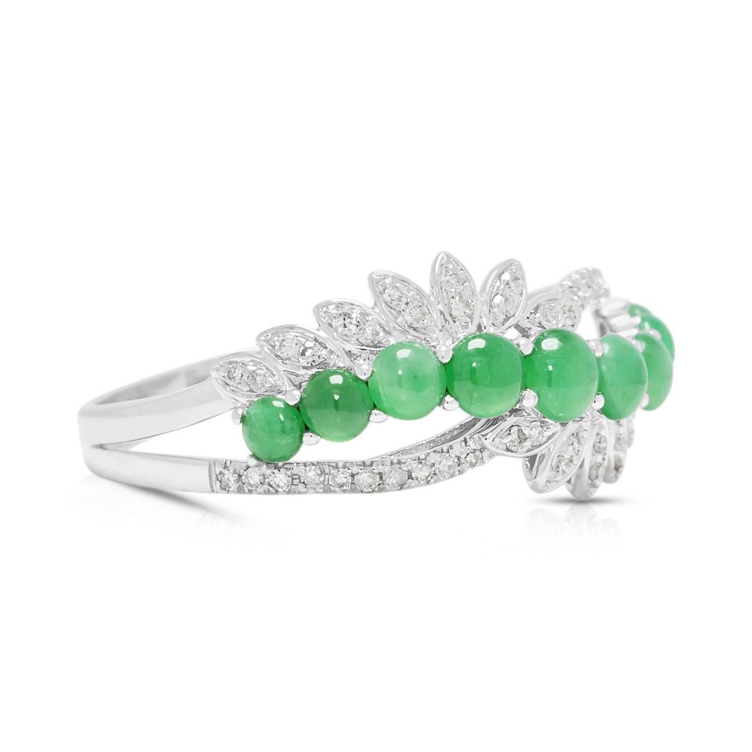 Delicate 0.24ct Diamond & Jade Cabochon Ring in 18K White Gold