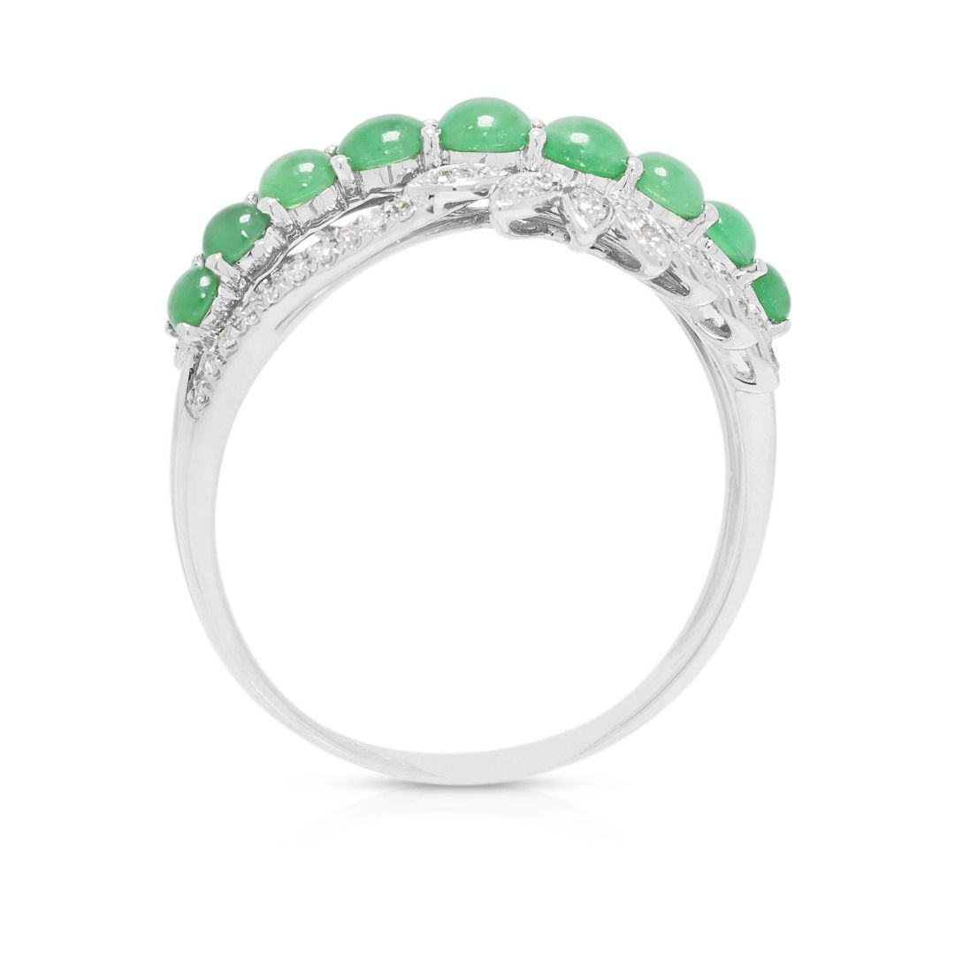 Delicate 0.24ct Diamond & Jade Cabochon Ring in 18K White Gold