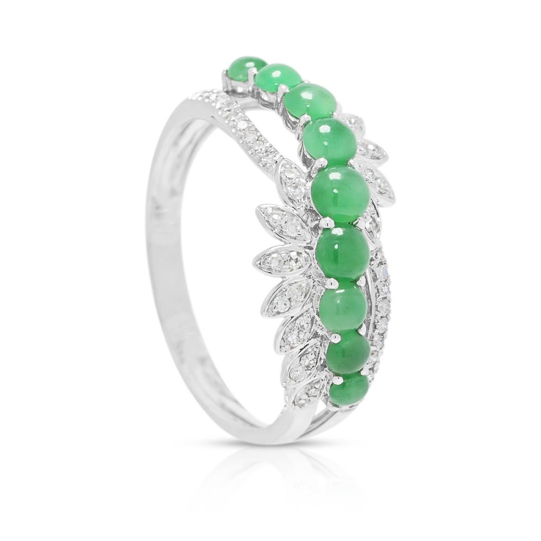 Delicate 0.24ct Diamond & Jade Cabochon Ring in 18K White Gold