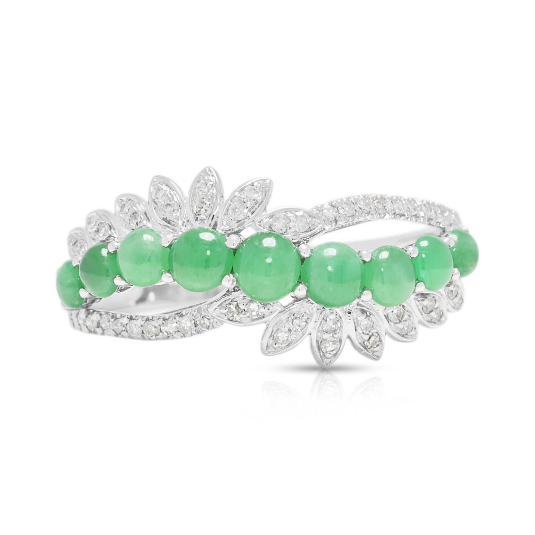 Delicate 0.24ct Diamond & Jade Cabochon Ring in 18K White Gold